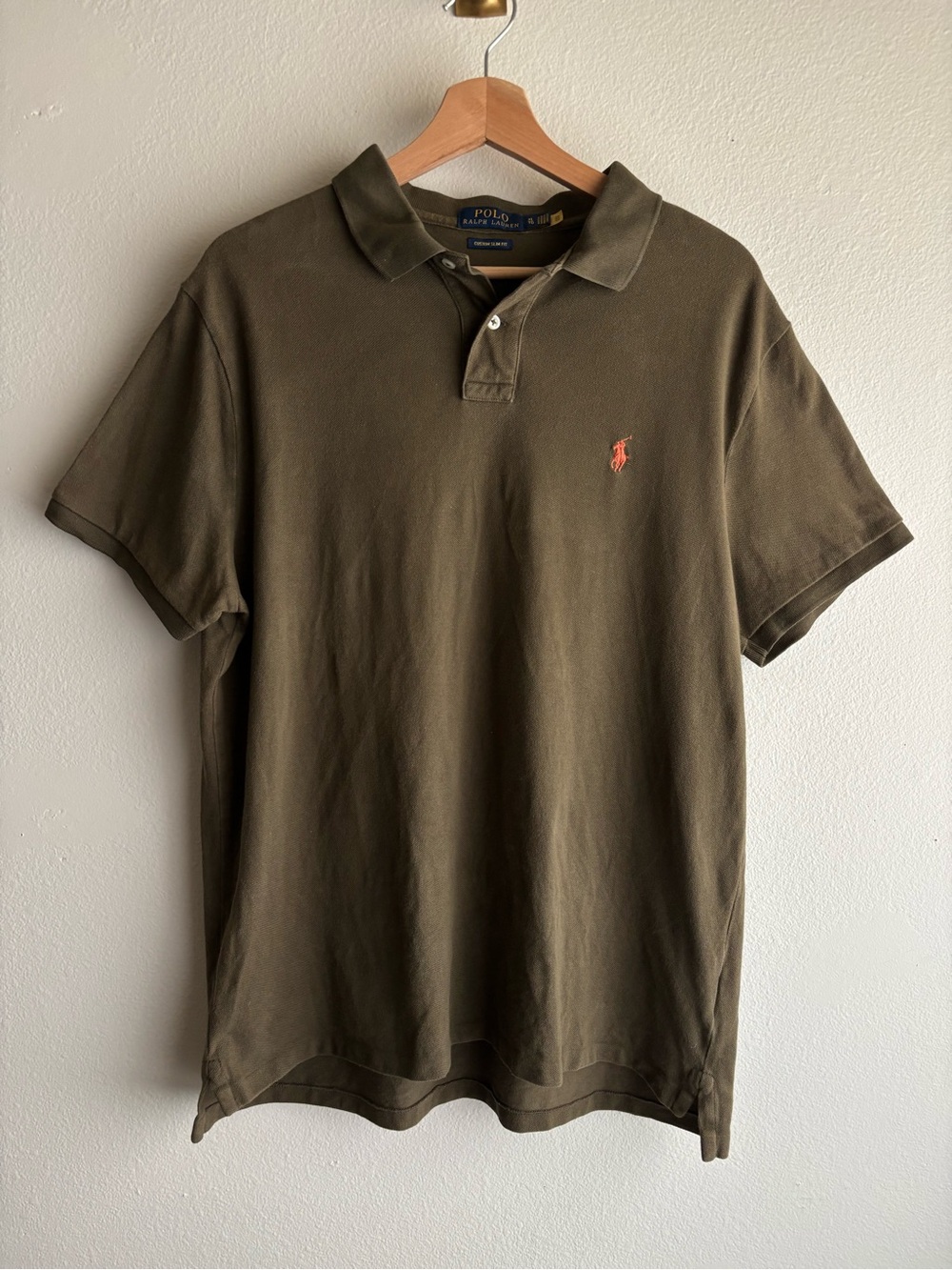 Polo Ralph Lauren Custom Slim Fit Mesh Polo Mens XL Olive Green Orange Pony